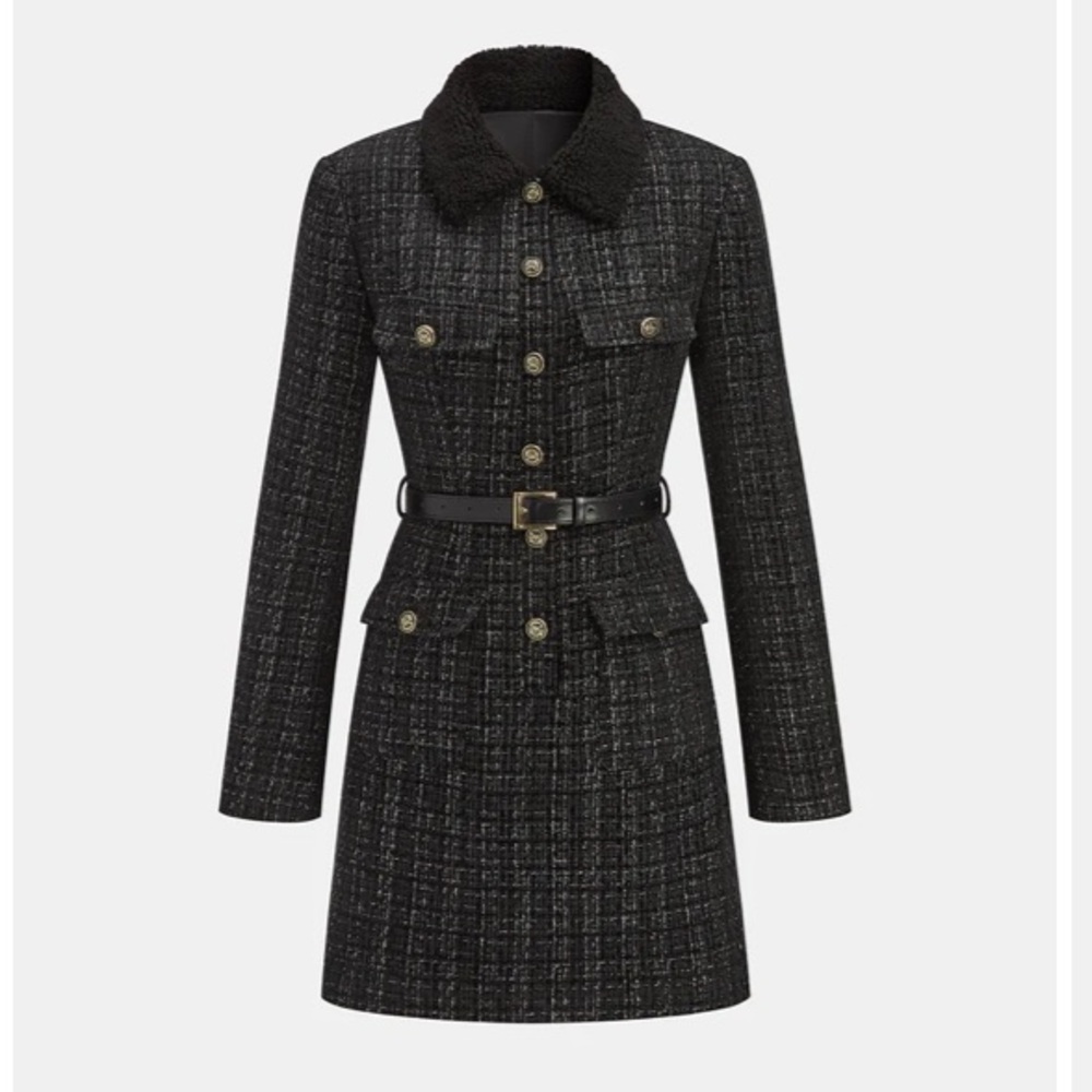 COMMENSE Black Fur Collar Tweed Blazer Belted Dress NWT - Picture 6 of 14